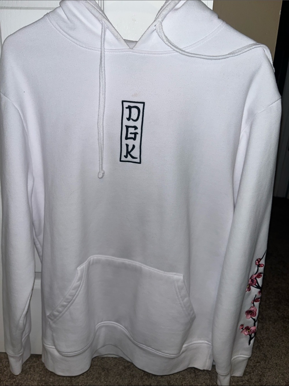 DGK White Hoodie with Black Logo and Pink Floral Sleeve Embroidery